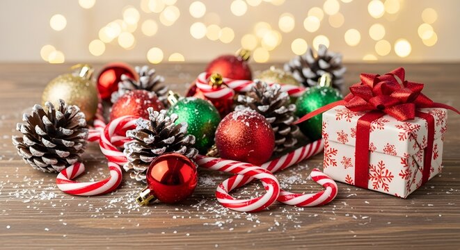 Christmas decorations with gift box, candy canes, baubles and pine cones on a wooden table with bokeh lights background