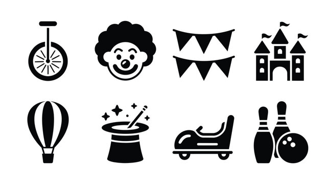 Amusement park and circus icon set featuring unicycle clown bunting flags castle hot air balloon magic hat bumper car bowling vector.