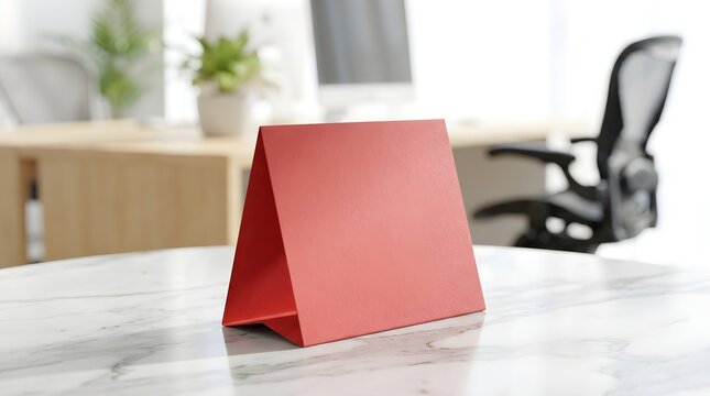 Blank red table tent sign mockup on a marble table in a modern office interior