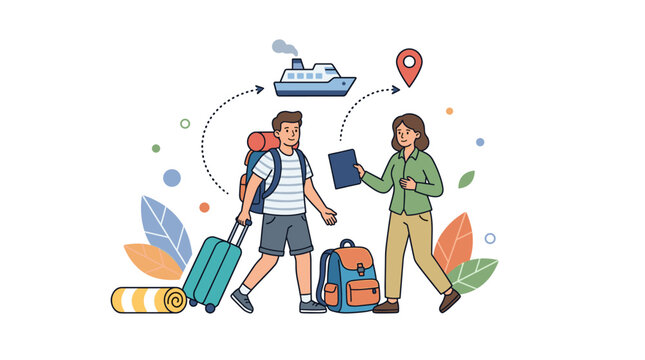 People traveling by ship with luggage and map