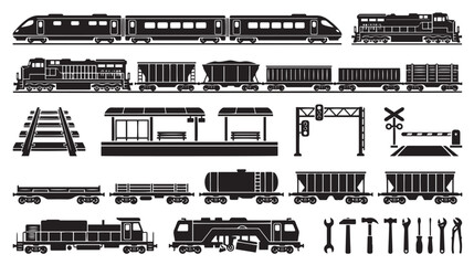 Black train silhouette icons set, locomotive and railway transport elements, freight cargo wagons and passenger rail vector graphics for logistics © Muhammad