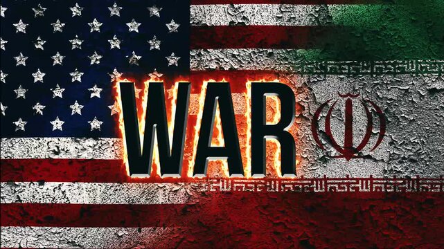The Iranian and US flags are displayed against the backdrop of an old wall with the text War and a fiery glow effect. Dynamic animation. 4K video