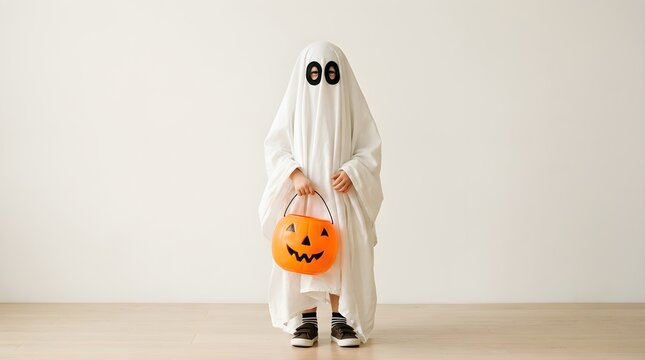 A young child dressed in a classic white sheet ghost costume for halloween, holding an orange plastic jackolantern candy bucket, standing against a plain background