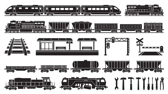 Black train silhouette icons set, locomotive and railway transport elements, freight cargo wagons and passenger rail vector graphics for logistics