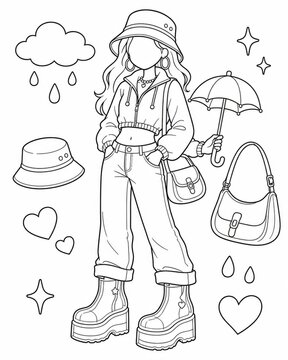 Stylish girl in trendy y2k fashion coloring page showcasing retro elements and fashionable accessories