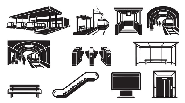 Public transport infrastructure icons set, black and white city transit station elements, subway and bus terminal vector illustrations