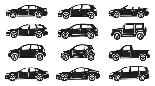 Black car silhouette icons set, 12 vehicle body types vector collection, automotive transport symbols for web design and infographics