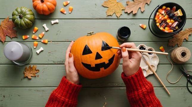 Top view of a person painting a jackolantern face on a pumpkin with black paint, surrounded by halloween decorations like candy corn, a candle, and autumn leaves on a rustic green wooden table