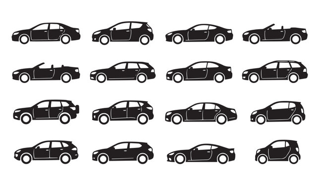 Black car silhouette icons set, collection of 16 vehicle body types, automotive side view symbols for transportation and logistics design