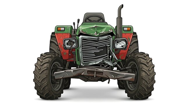 Damaged farm tractor with front collision impact. Broken agricultural machinery after accident.