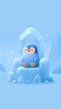 A cute little blue penguin sits happily on a throne made of ice in a cold arctic landscape with a soft and bright design style