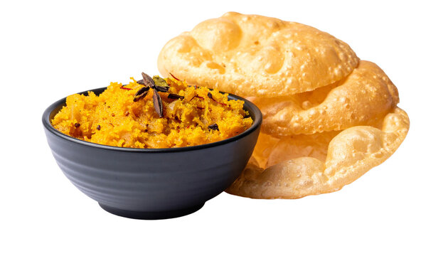 delicious food, halwa puri, desi breakfast, isolated on transparent background, PNG.