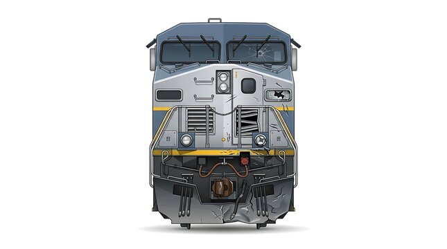 Front view of a heavy freight train locomotive. Industrial diesel engine for rail transport.