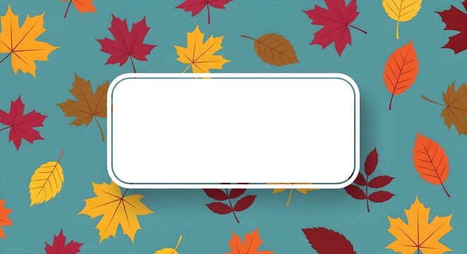 Autumn leaves pattern background with a central white rectangular frame for text fall season wallpaper with colorful maple and oak leaves on a teal blue background