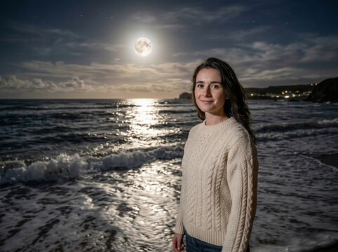 Woman moonlit beach