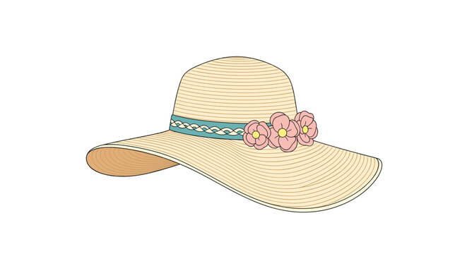 Wide-brimmed straw sun hat features a braided blue and white band decorated with three delicate pink flowers for a stylish summer look.