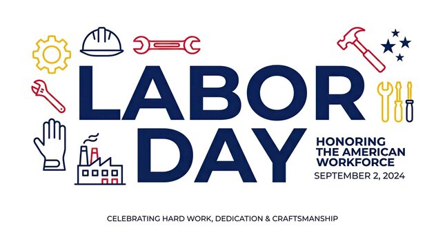Labor day minimal clean design template with line art tools hardhat and september first monday holiday greeting text