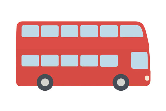 Red double-decker bus side view hand-traced vector icon illustration on white background, flat cartoon style urban transport graphic with windows and wheels