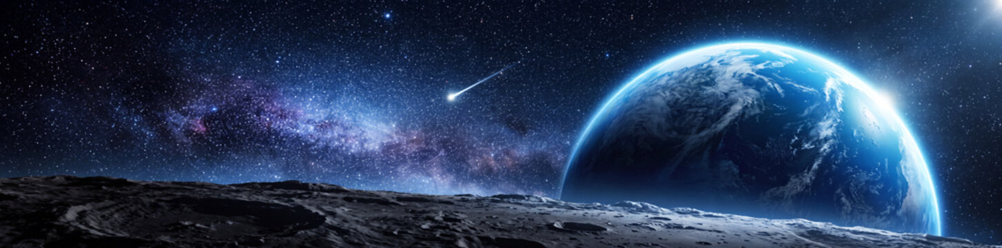 Earth rising over the moon's surface with a bright shooting star and a milky way galaxy backdrop in deep space