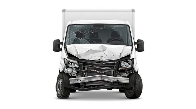 Damaged delivery van after a car accident. Crashed white truck with severe front bodywork.