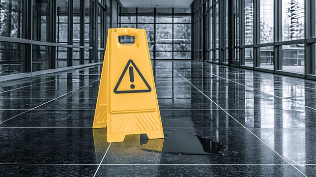 A yellow wet floor caution sign placed on a slippery puddle in a modern building hallway. Safety and maintenance.