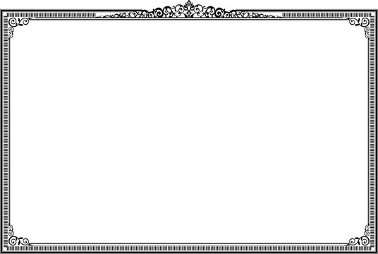 Elements of ornate vintage frames. Border black on white classic calligraphy swirls, floral motifs. Design print for greeting cards, wedding invitations, restaurant menu, royal certificates. Set 23