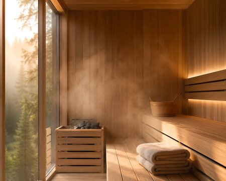 Modern wooden sauna with steam and relaxation accessories. Minimalist spa interior featuring cedar benches and soft lighting for wellness therapy.