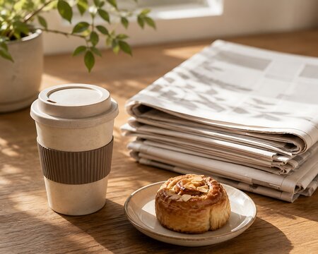 Takeaway coffee and pastry on wooden table. Morning breakfast snack with hot beverage and fresh muffin for office or home.