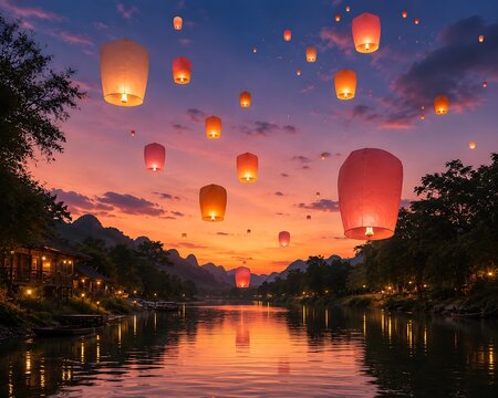 Colorful sky lanterns released at dusk over serene lake. Floating paper hot air balloons glowing in twilight festival celebration.
