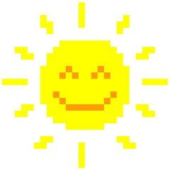 Fototapeta premium A pixel art cute smiling happy yellow sun character with glowing rays icon for decoration, pixel yellow sun illustration