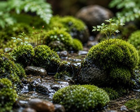 Tranquil forest stream with moss-covered rocks. Serene nature water flow in lush green woodland setting.