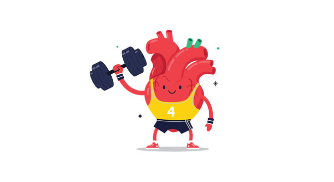 Cute healthy heart character lifting a heavy dumbbell, representing cardio training, physical fitness, and health care.