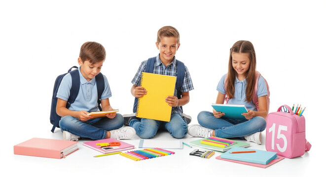 Children with Backpacks and School Supplies Getting Ready for School