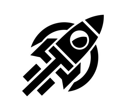 Black and white icon of a rocket launching in a circular frame representing speed and innovation