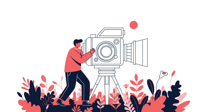 Professional videographer or cameraman operating a large movie camera outdoors in a lush field of plants.