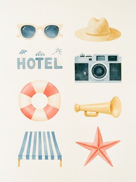 Summer holiday travel icons with hotel sign, camera and beach gear