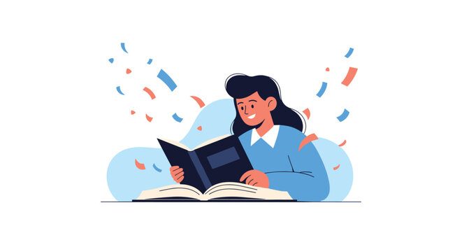 Happy young woman reading an open book with colorful confetti flying around, flat design cartoon illustration.