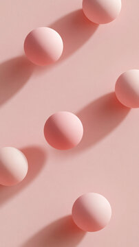 Several pink spheres are arranged on a matching pastel background creating a minimalist pattern with soft shadows cast from the side