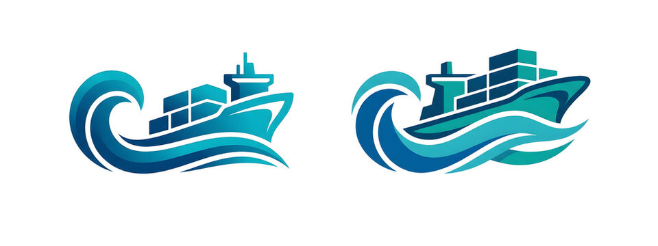 Cargo container ship with ocean sea waves logo set, global maritime shipping, transport and logistics vector illustration isolated on white background.
