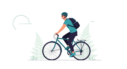 Fototapeta premium Active male cyclist with helmet and backpack riding a bicycle on a scenic route surrounded by green ferns.