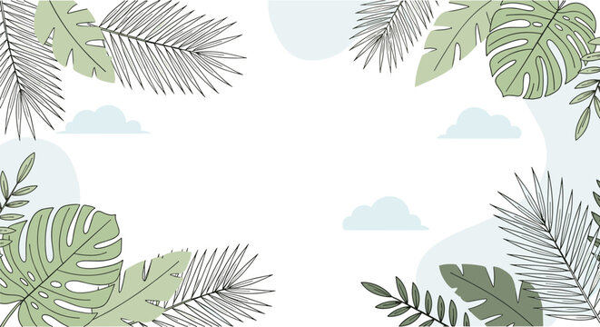 Elegant tropical leaf border with palm fronds, monstera leaves, and soft clouds on a clean white background.