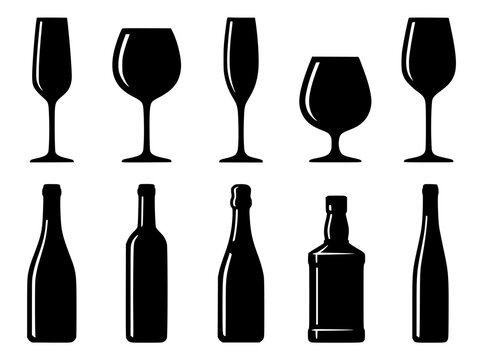Alcoholic beverage bottle and glassware silhouettes, set of 10 black drink icons, wine and liquor bottle vector illustrations for bar menus