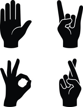 Hand gesture silhouette icons including stop rock ok and crossed fingers