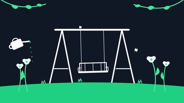 Minimalist 2D Animation of a Swing Set in a Garden with Flowers