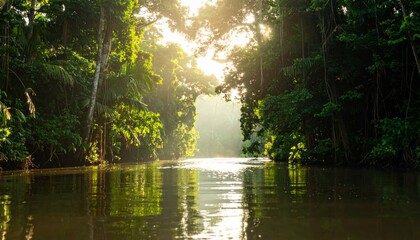 Obraz premium Serene Sunset Over River with Tree Reflections, Calm Lake Landscape and Colorful Sky Surrounded by Forest and Nature