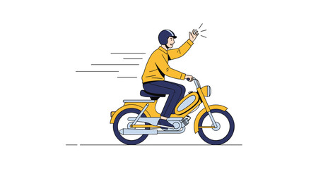 Fototapeta premium Delivery courier service worker or cheerful man riding a yellow retro scooter waving hand on a white background.