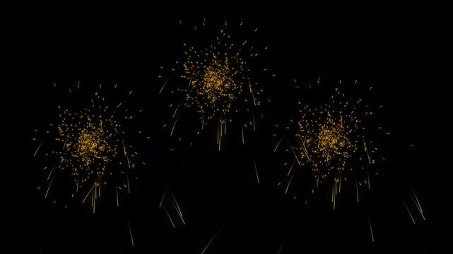 Single golden firework burst on black background with flying glitter sparks, transparent alpha channel and glowing particle explosion effect