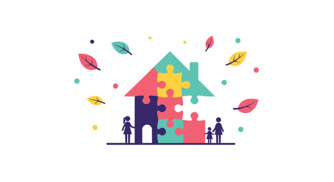 Happy family and community social housing concept with colorful jigsaw puzzle pieces forming a home house shape.