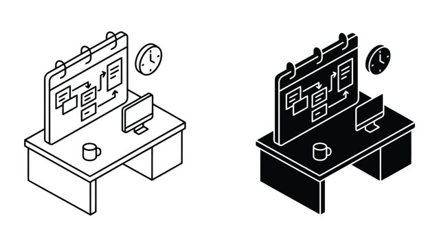 Isometric project planning calendar and workflow organization office desk icon