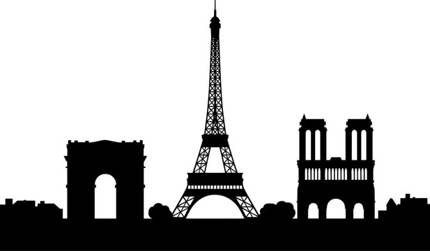 Paris skyline silhouette of the Eiffel Tower, Arc de Triomphe, and Notre-Dame Cathedral, classic French capital tourism landmarks